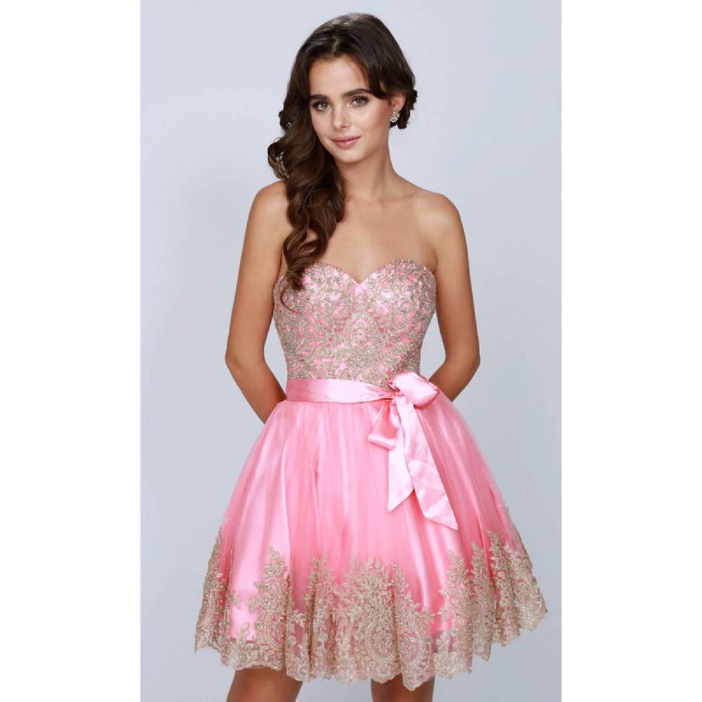 NEW JULIET embellished baby doll strapless party dress in coral / gold